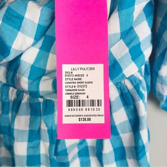 LILLY PULITZER | NEW Sarafina Turquoise Oasis Crinkle Gingham Top Women’s Size 4 - Picture 10 of 15